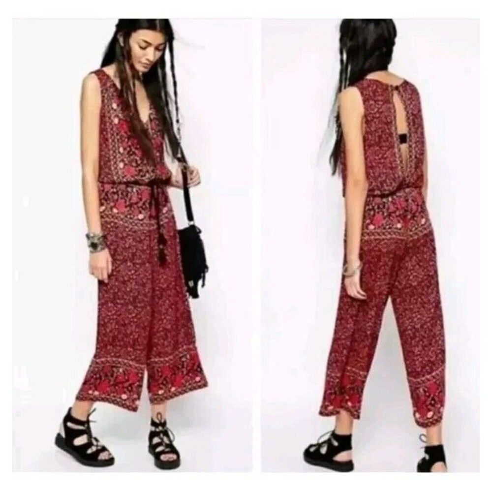 Free People Boho Jumpsuit Black/Pink Floral Open Back Wide Leg Ankle Length M
